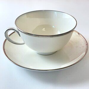 2 VTG Noritake Ivory China Ivonne Tea Cup and Saucer Sets Platinum Trim 1960s